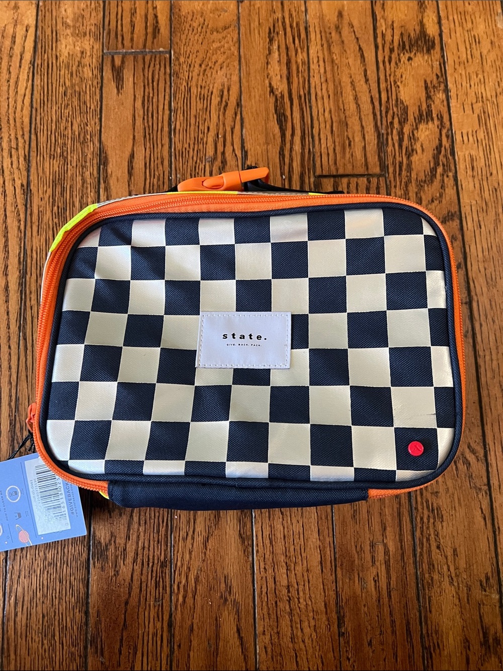 STATE Navy and Cream Checkerboard Lunch Case with Orange Trim